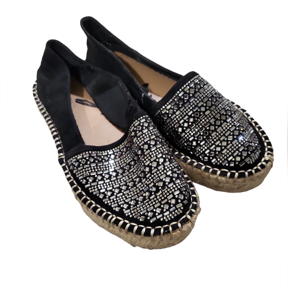 EUC Express women's rhinestone beeded  flats platform Espadrilles, Black, 6 - Picture 2 of 8